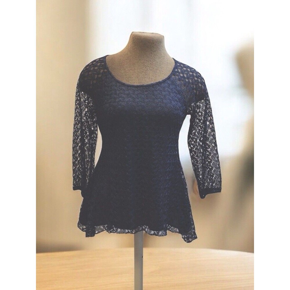 Vintage Cosmo Eyelet lace Top,Size Small, Scalloped Hem, Navy Blue ,Fairygoth